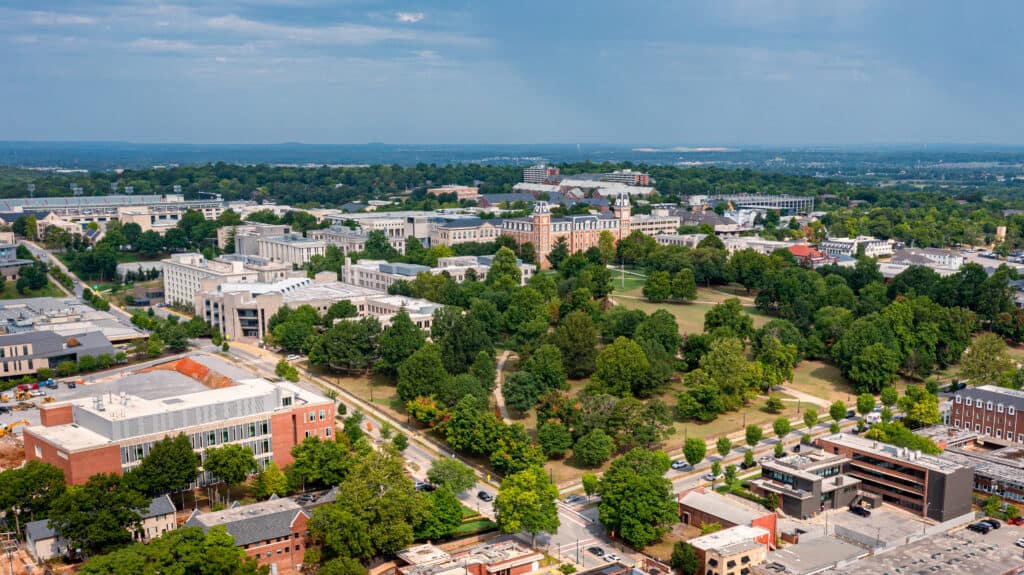 Aerial view of Fayetteville and University of Arkansas.