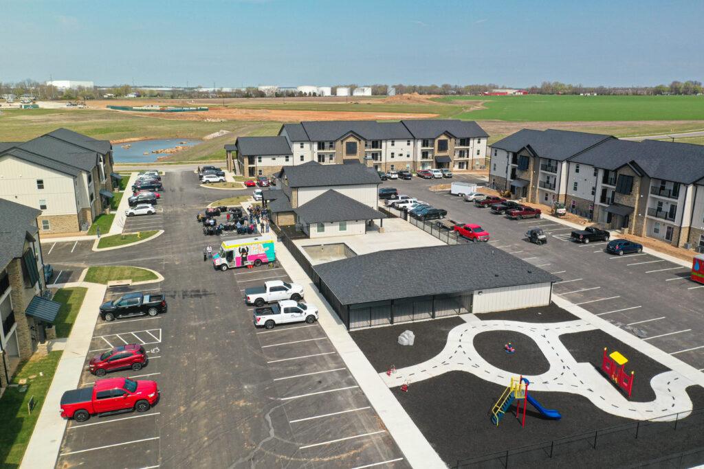 Aerial view of Stone Creek Falls buildings, playground, trike track